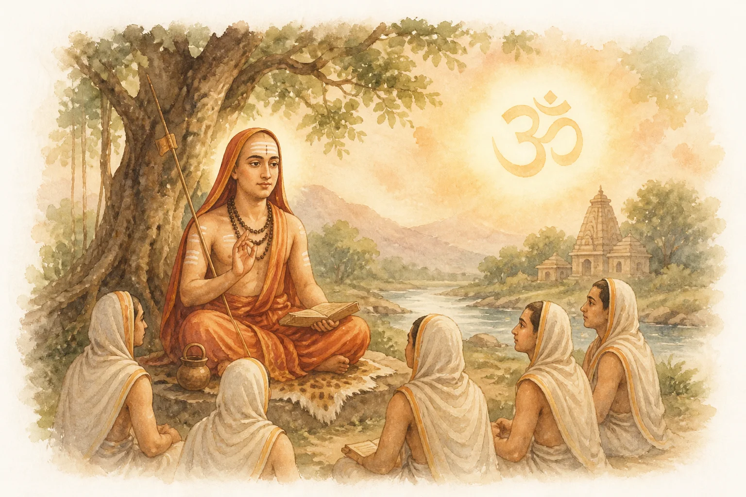 Illustration of Adi Shankaracharya teaching in a peaceful ashram