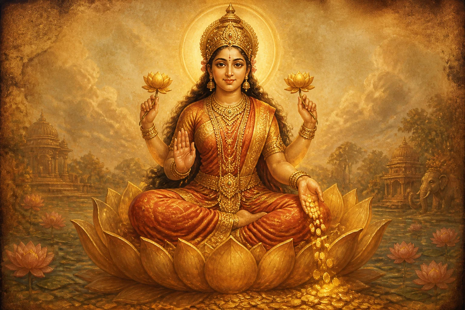 Illustration of Divine Mother Lakshmi with lotus on warm parchment