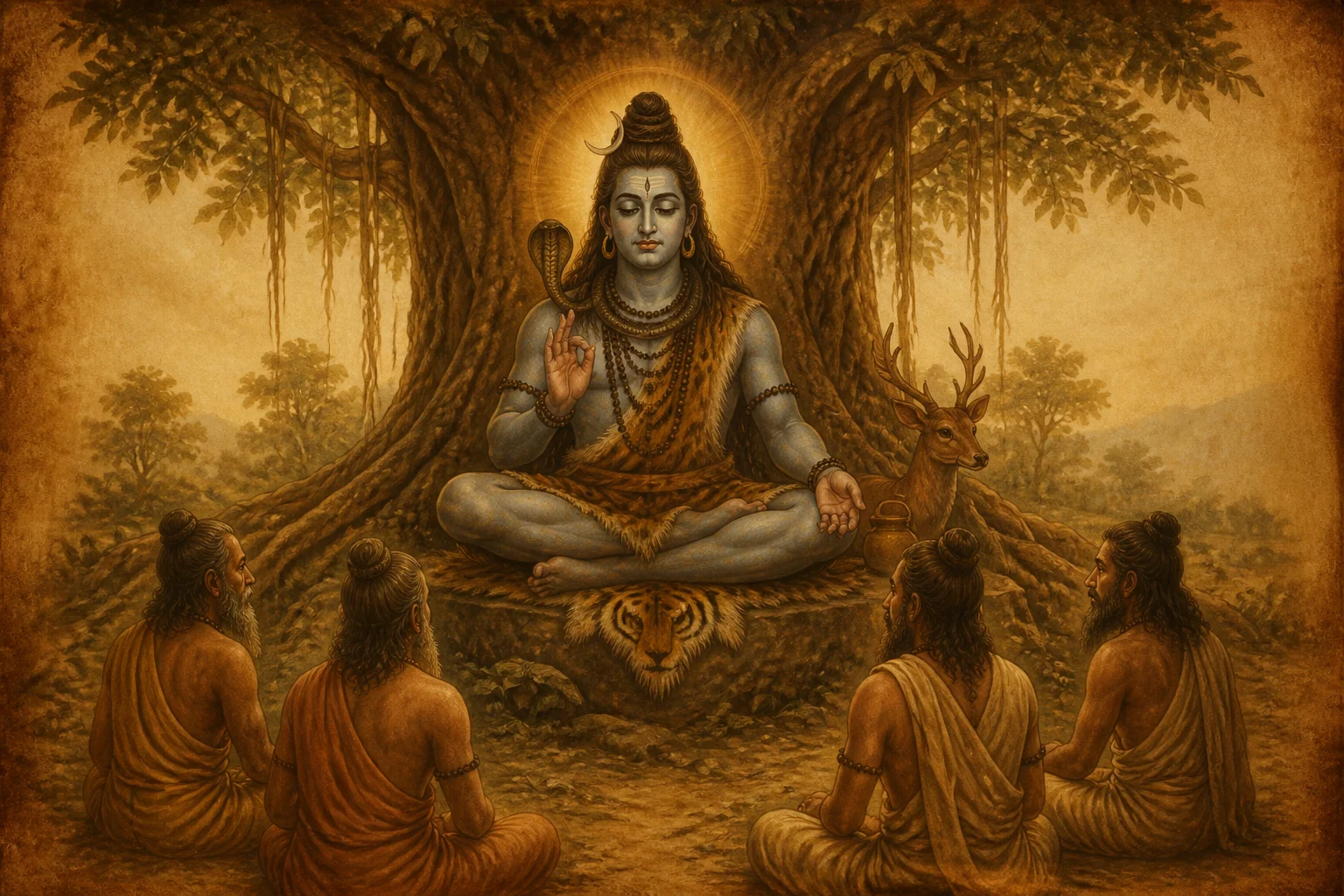 Illustration of Dakshinamurti as guru on warm parchment