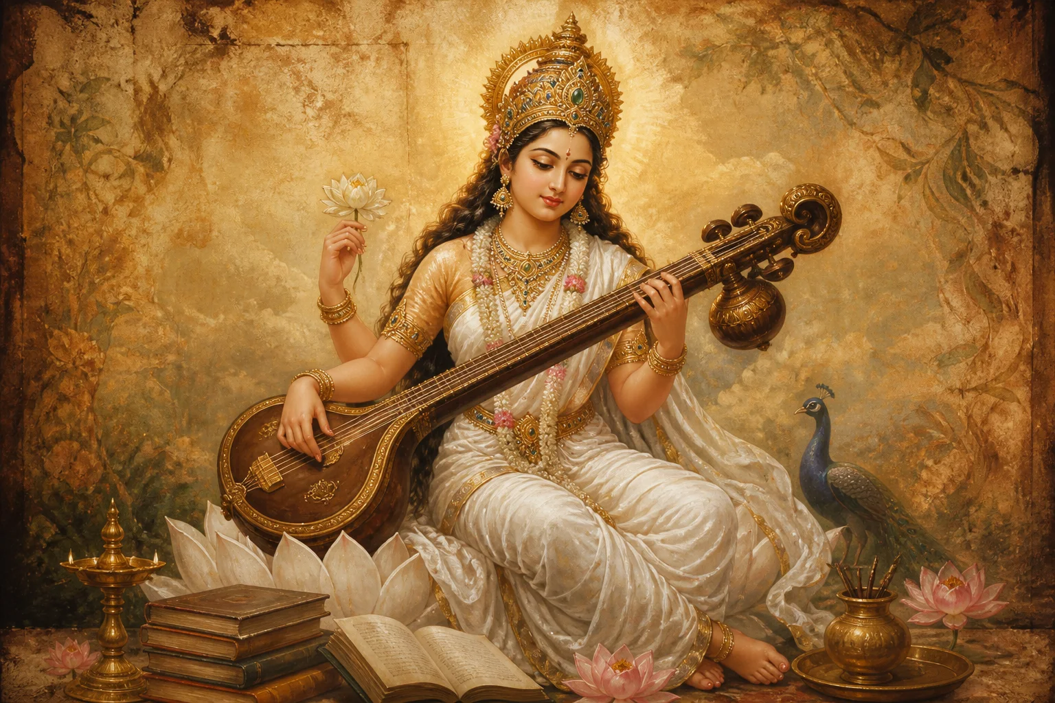 Illustration of Goddess Sharada on warm parchment