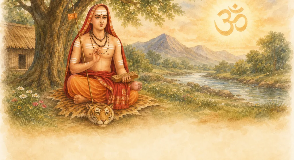 Adi Shankaracharya in traditional iconography with danda staff, palm-leaf manuscripts, and tiger skin seat