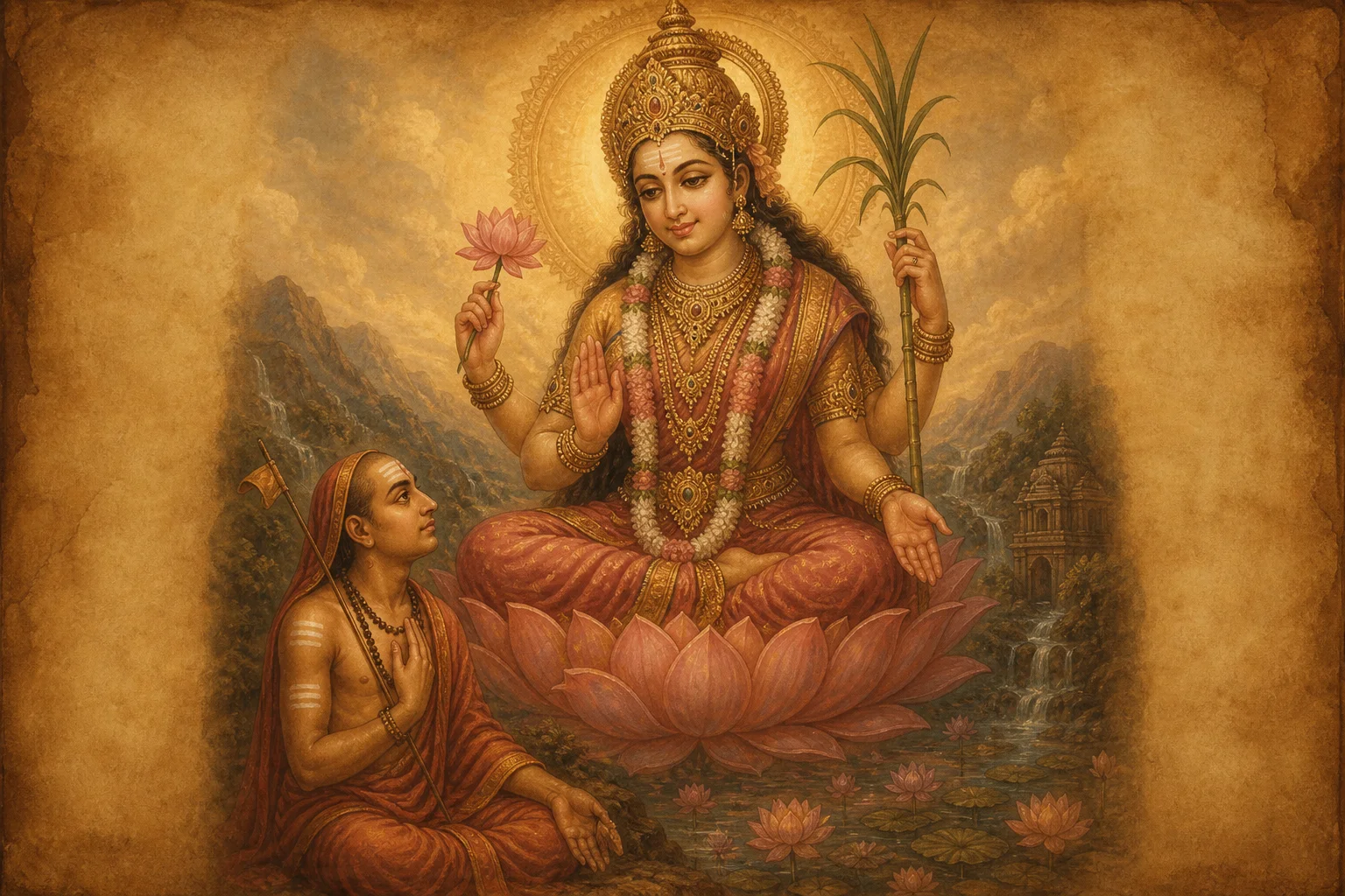 Illustration for Ananda Lahari on warm parchment