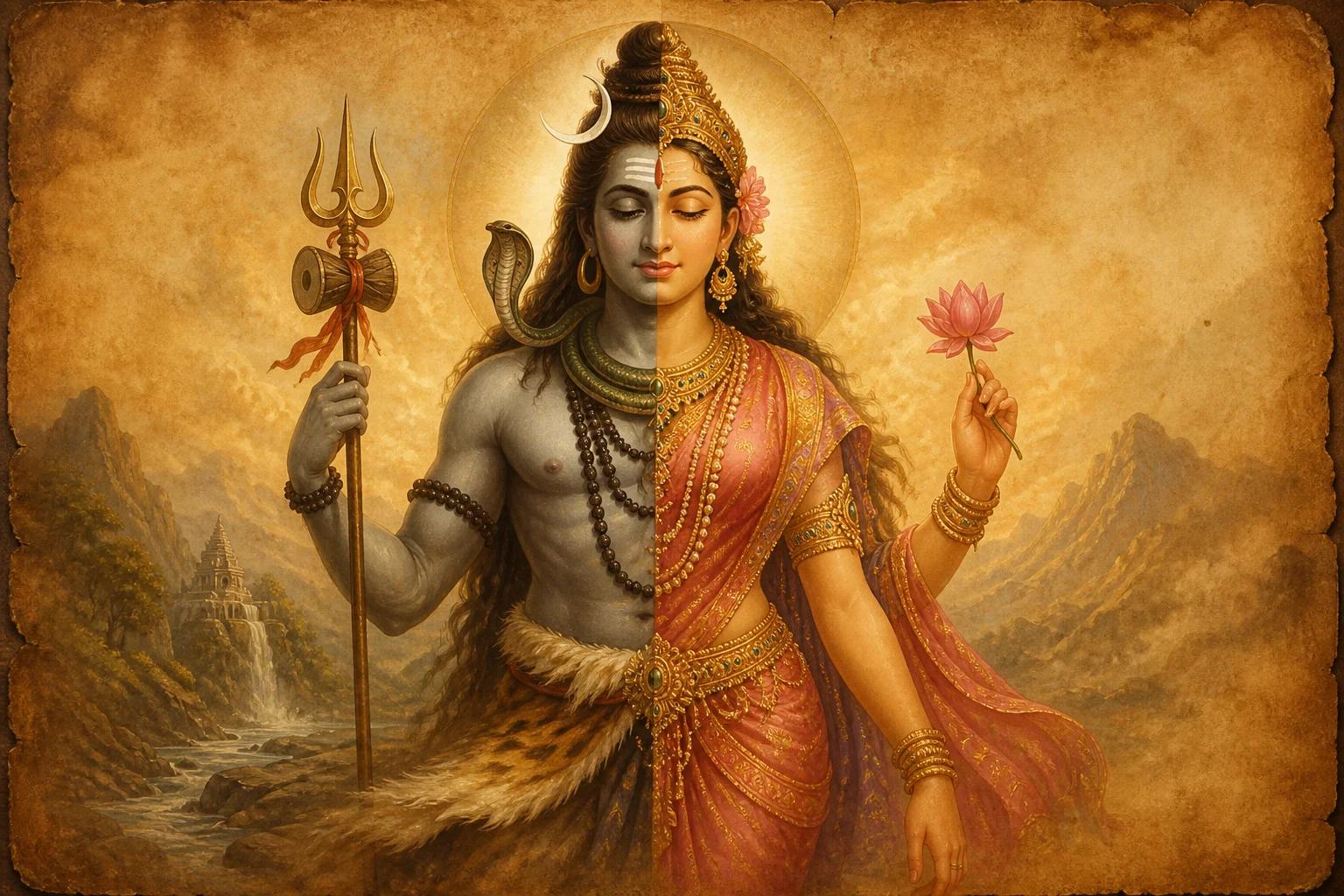 Illustration for Ardhanarishwara Stotram on warm parchment