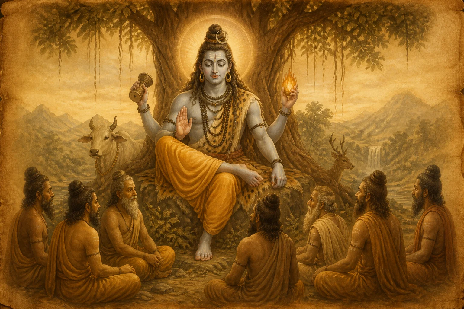 Illustration for Dakshinamurti Ashtakam on warm parchment