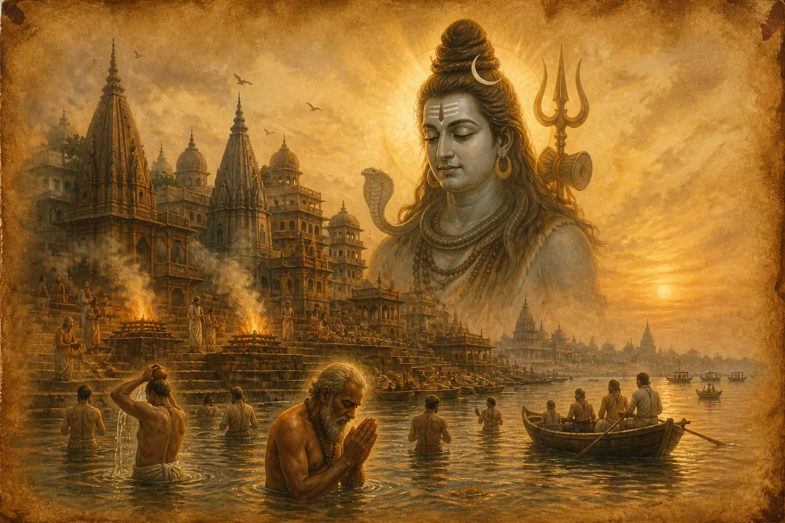 Illustration for Manikarnikashtakam on warm parchment