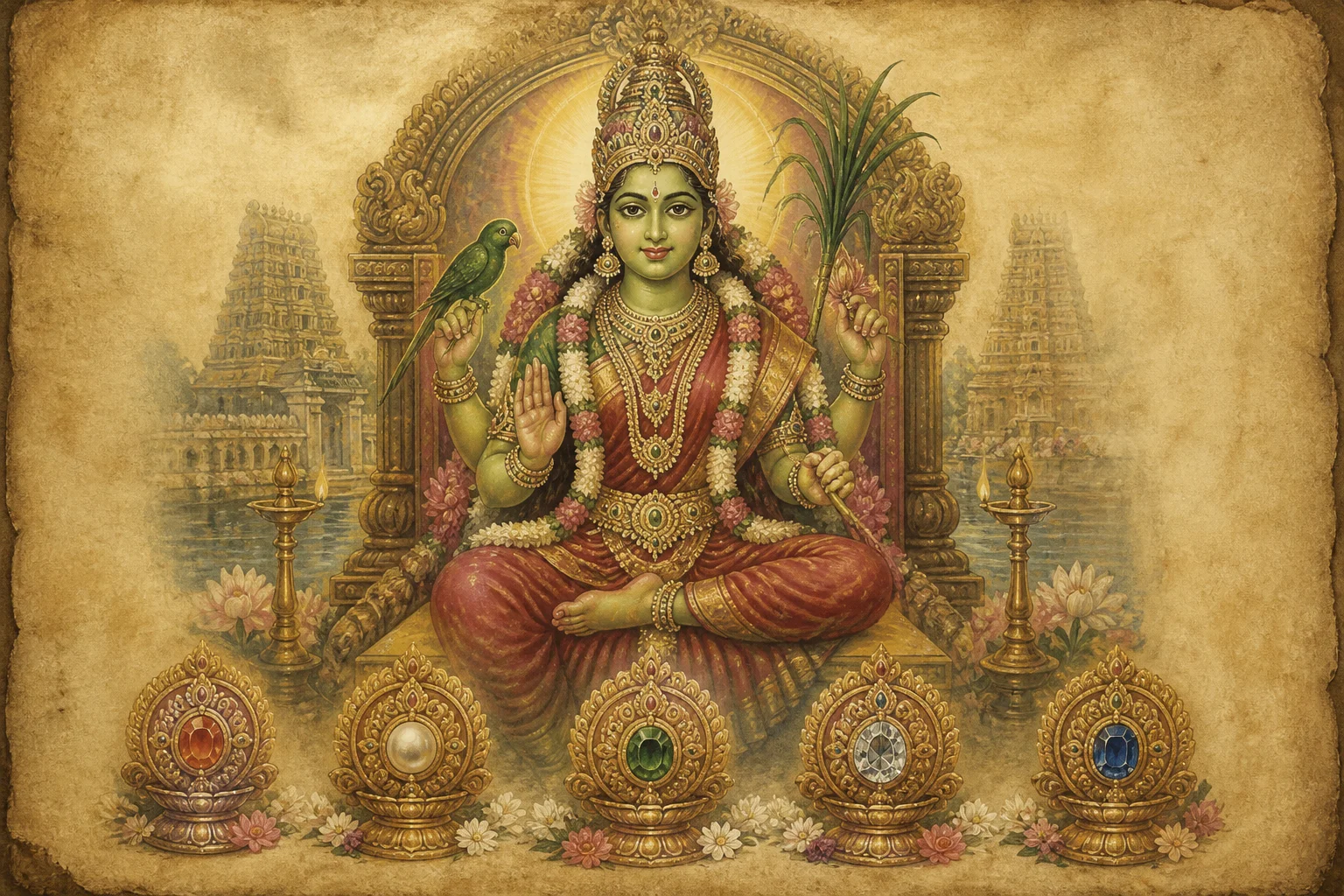 Illustration for Minakshi Pancharatnam on warm parchment