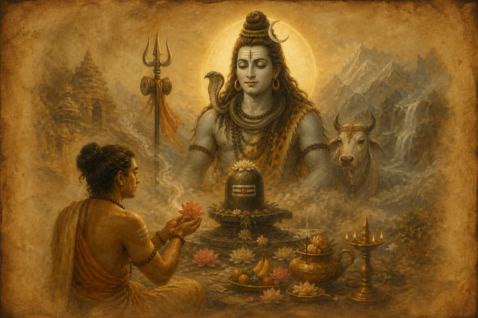 Illustration for Mrityunjaya Manasika Puja Stotram on warm parchment