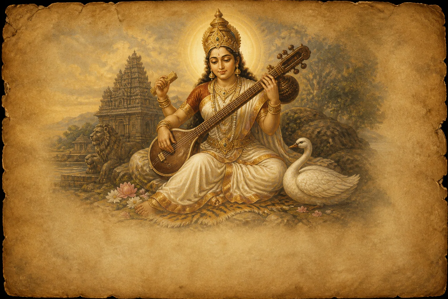 Illustration for Sharada Bhujanga Prayatashtakam on warm parchment