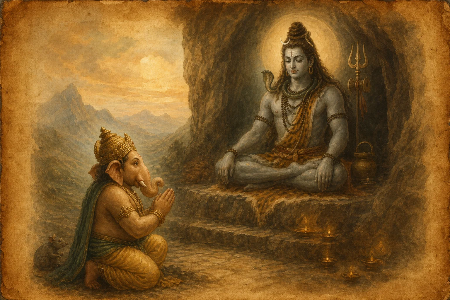 Illustration for Shiva Bhujangam on warm parchment