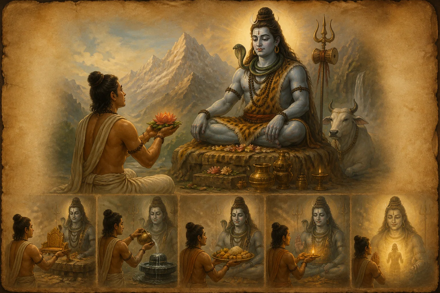 Illustration for Shiva Manasa Puja Stotram on warm parchment
