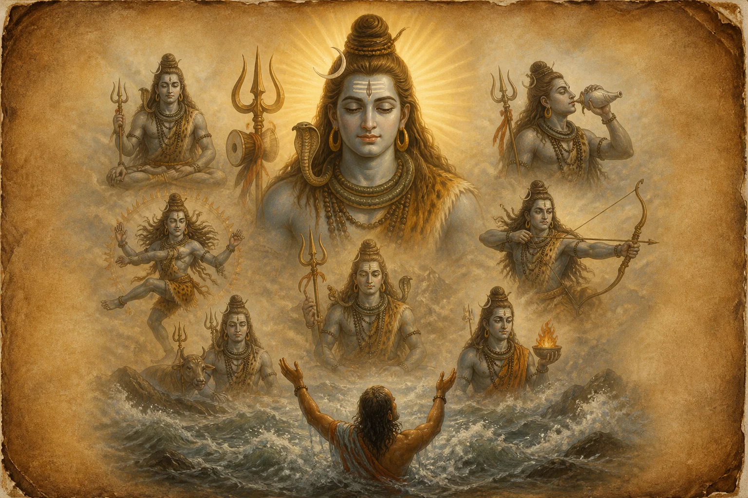 Illustration for Shiva Namavalyashtakam on warm parchment