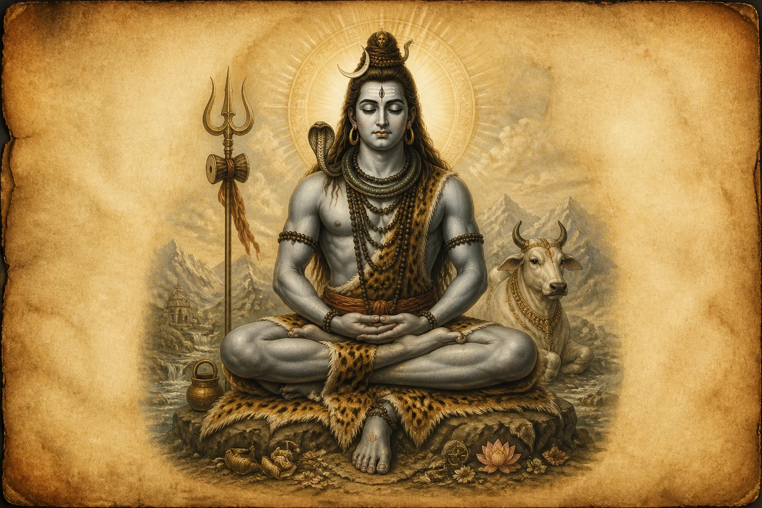 Illustration for Shiva Padadi Keshanta Varnana Stotram on warm parchment