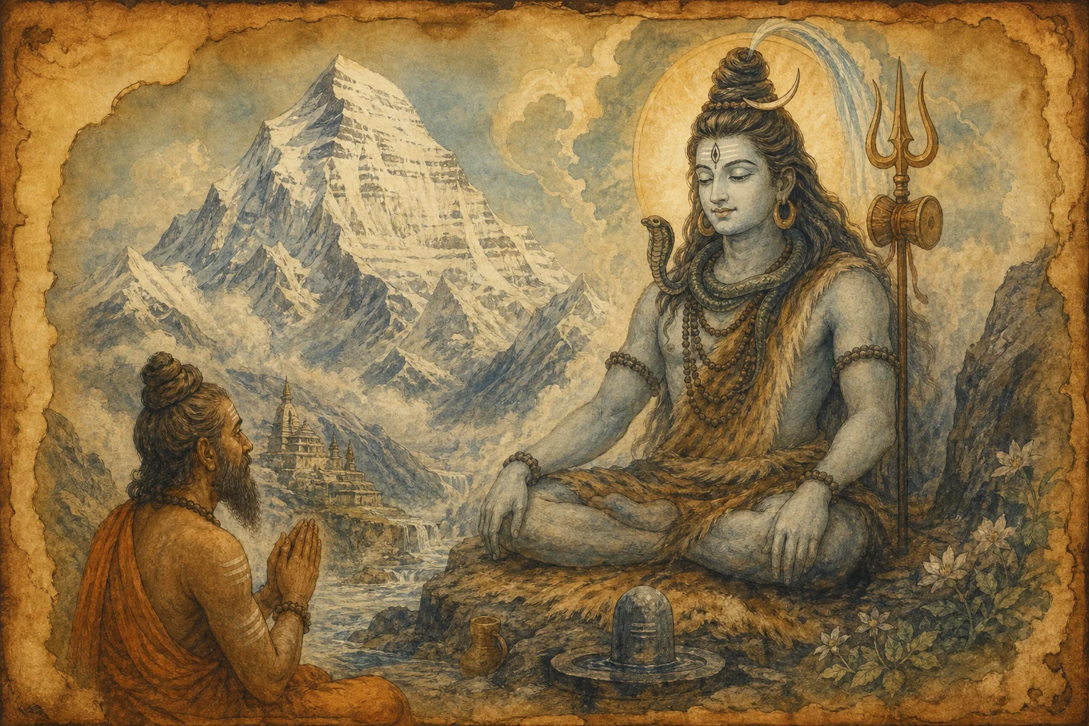 Illustration for Shivananda Lahari on warm parchment