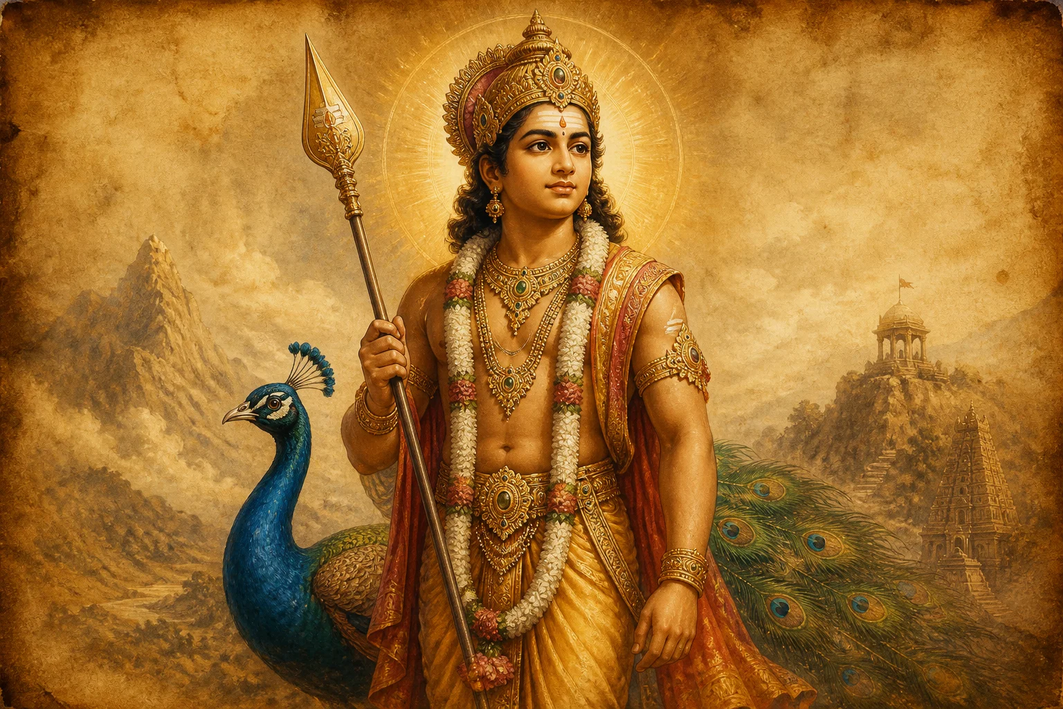 Illustration for Subrahmanya Bhujangam on warm parchment