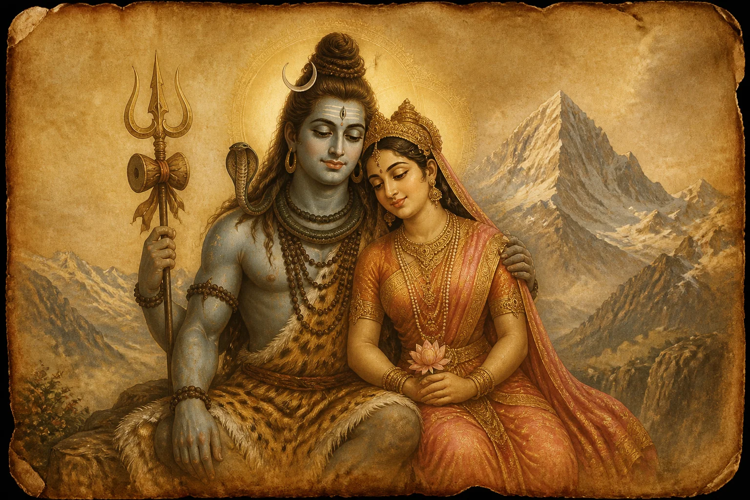 Illustration for Uma Maheshwara Stotram on warm parchment