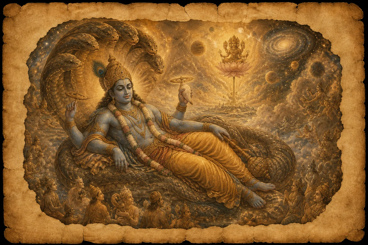 Illustration for Vishnu Bhujanga Prayata Stotram on warm parchment