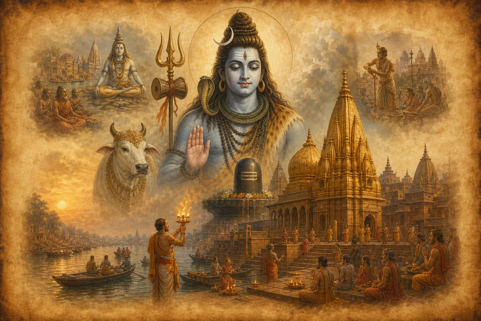 Illustration for Vishwanathashtakam on warm parchment
